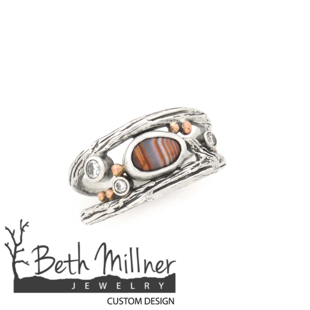 Custom Sterling Silver and Lake Superior Agate Ring with Rose Gold and Recycled Diamonds - Handmade at Beth Millner Jewelry in Marquette Michigan