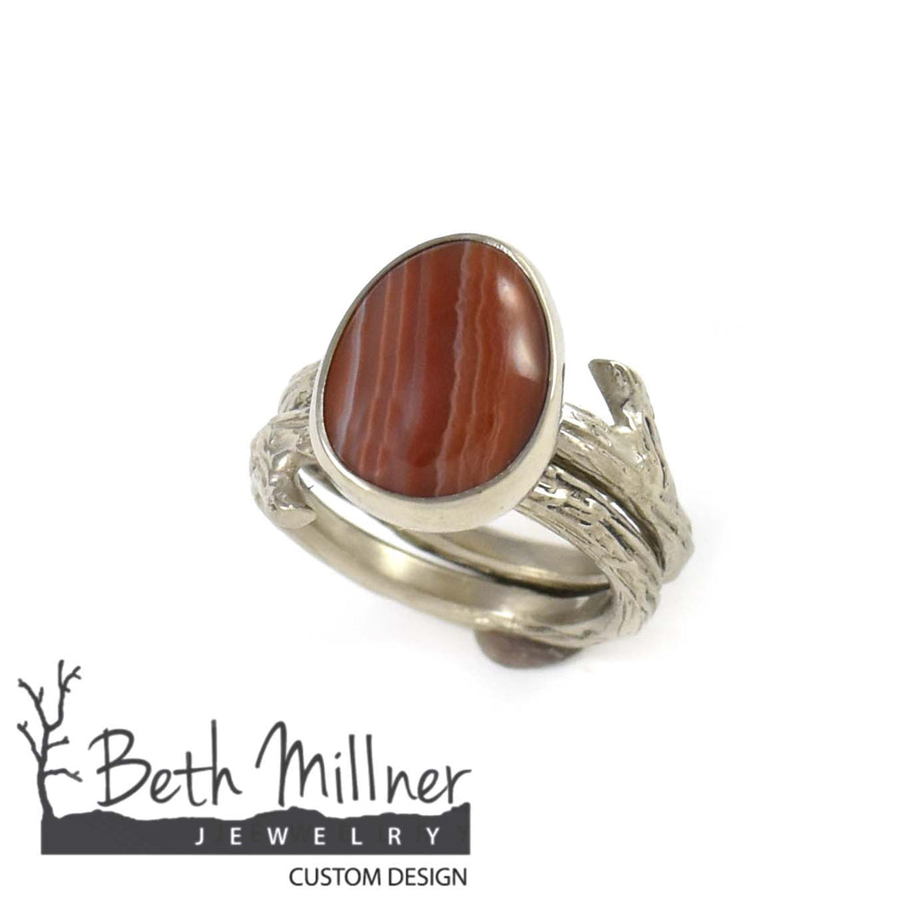 Custom Palladium White Gold Twig Rings with a bezel set Lake Superior Agate handmade in Michigan by Beth Millner Jewelry.