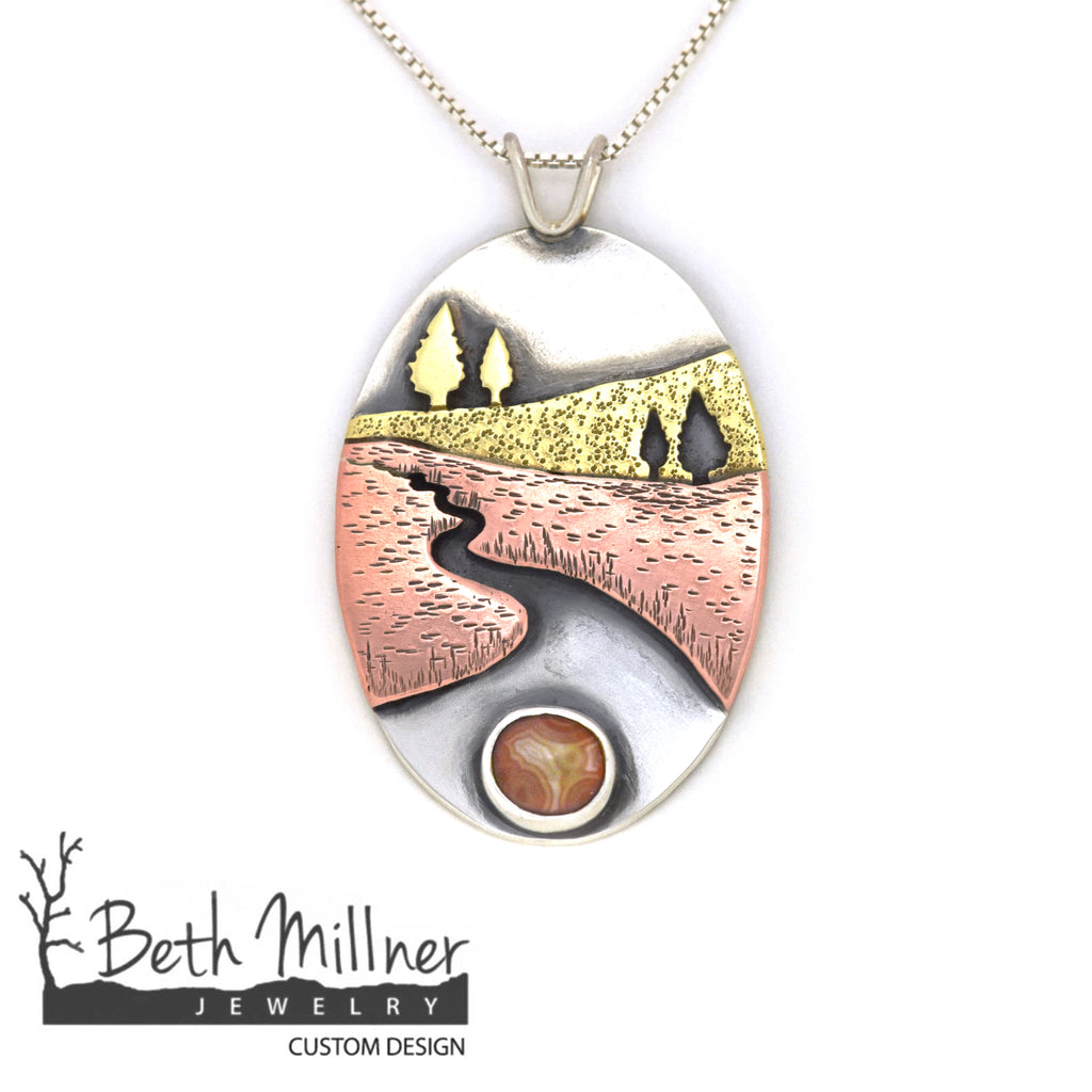Custom Landscape River Lake Superior Agate Pendant handmade by Beth Millner Jewelry