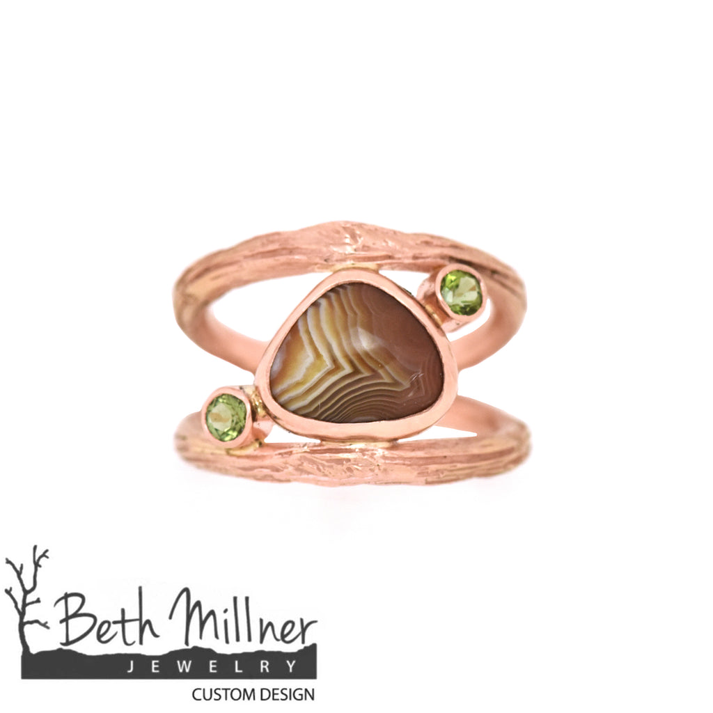 Custom Rose Gold Double Band Lake Superior Agate Peridot Ring handmade by Beth Millner Jewelry