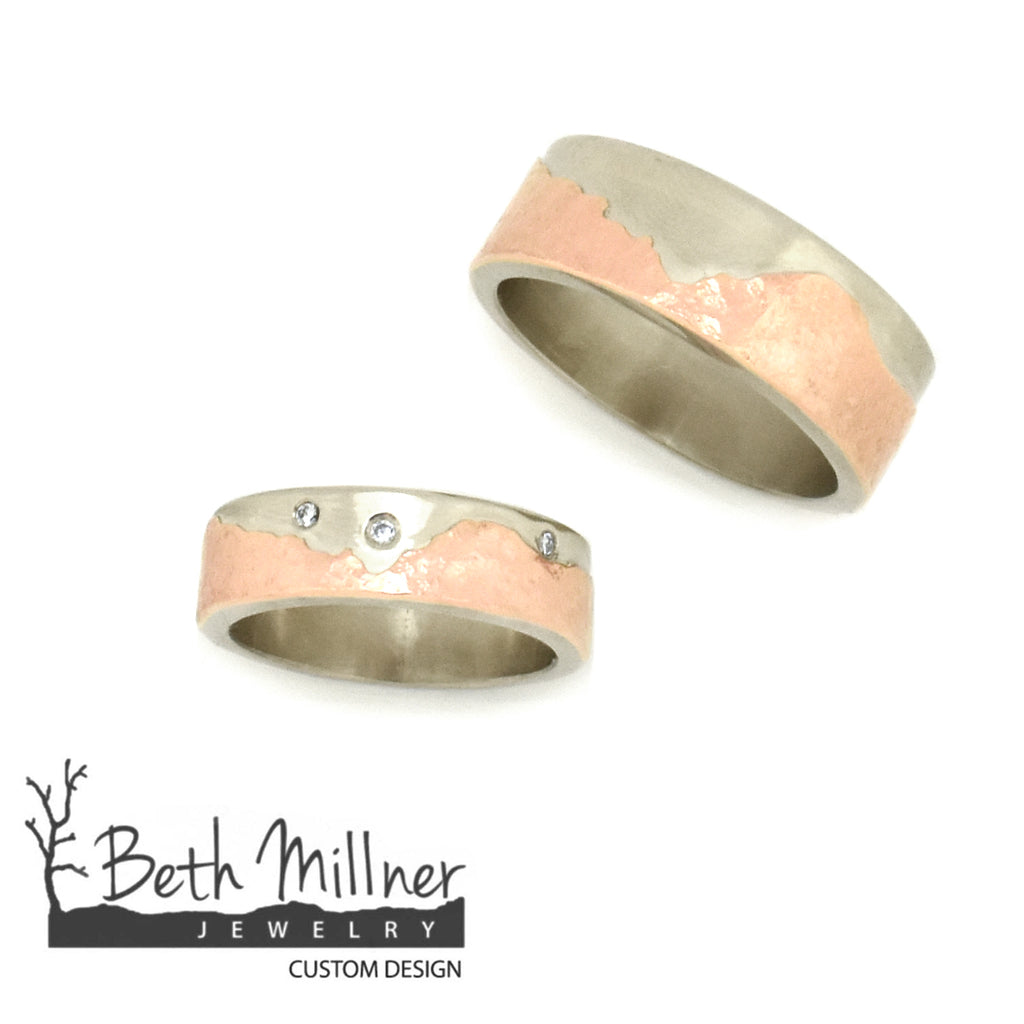 Custom White-Rose Gold Chisos Mountain Rings handmade by Beth Millner Jewelry