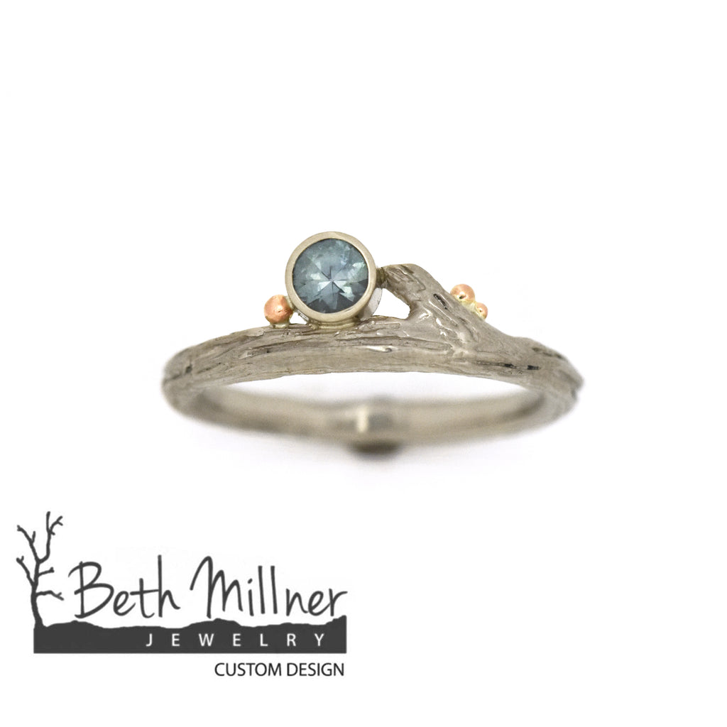 Custom White Gold Montana Sapphire Roses Twig Ring handmade by Beth Millner Jewelry