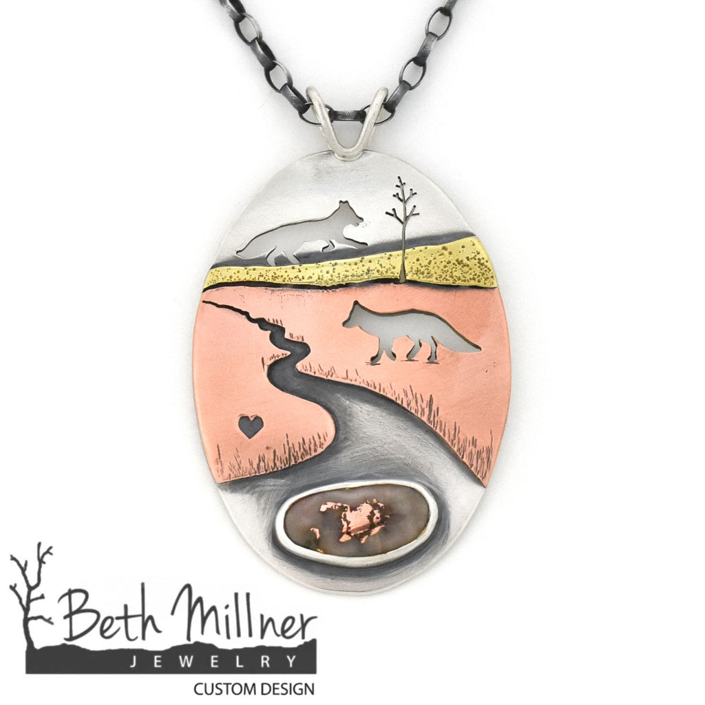 Custom Fox Landscape Copper Agate pendant handmade by Beth Millner Jewelry