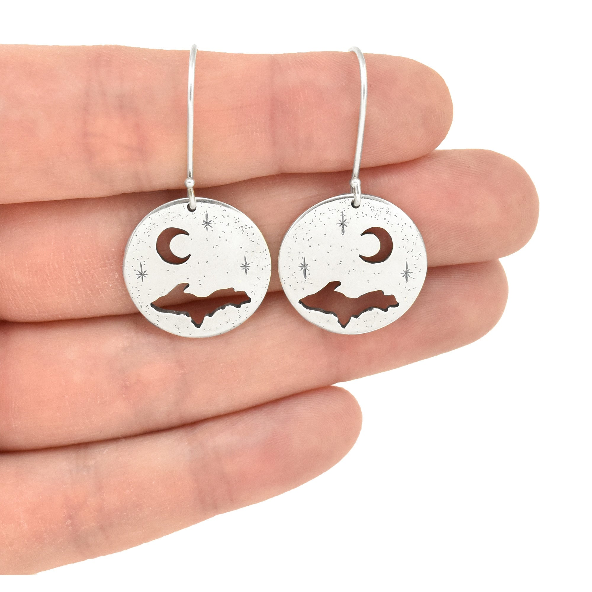 Silver Night Sky Upper Peninsula Earrings - Silver Earrings   7082 - handmade by Beth Millner Jewelry