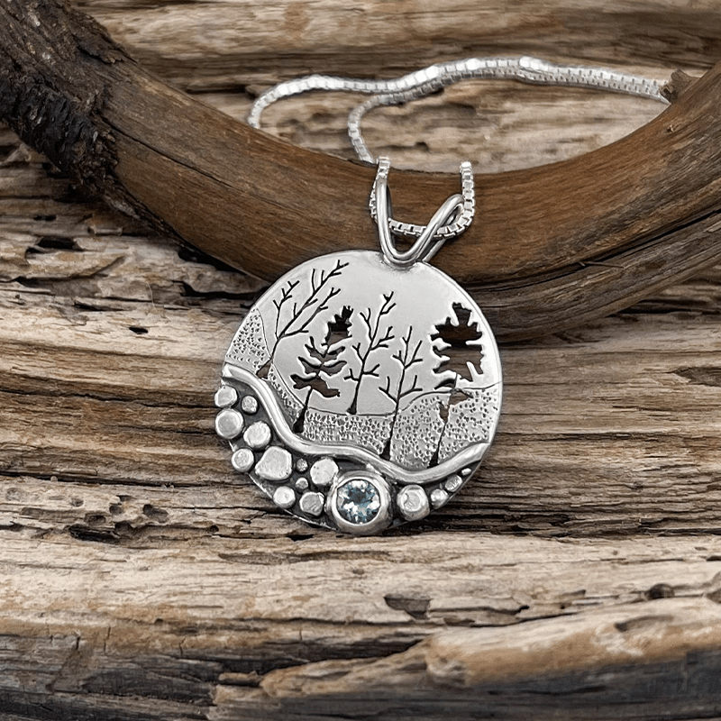 Silver Pebble Forest Birthstone Pendant - your choice of 4mm stone - Silver Pendant January - Idaho Garnet February - Montana Amethyst 7250 - handmade by Beth Millner Jewelry