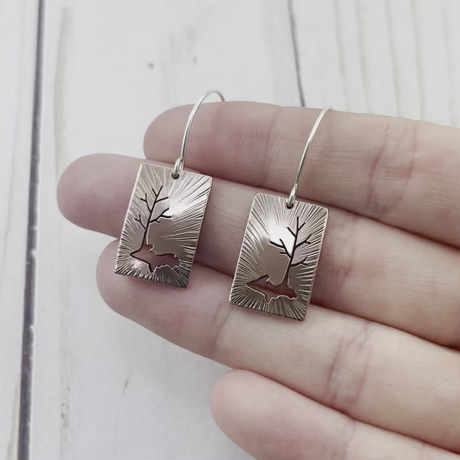 Rectangle Upper Michigan Copper earrings featuring a hand sawn tree and silhouette of Upper Michigan. By Beth Millner Jewelry. 