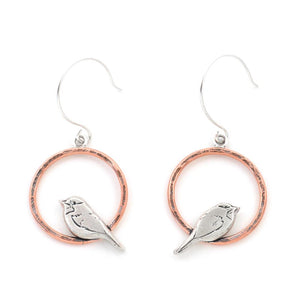 Copper Perched Chickadee Earrings - Mixed Metal Earrings   3404 - handmade by Beth Millner Jewelry
