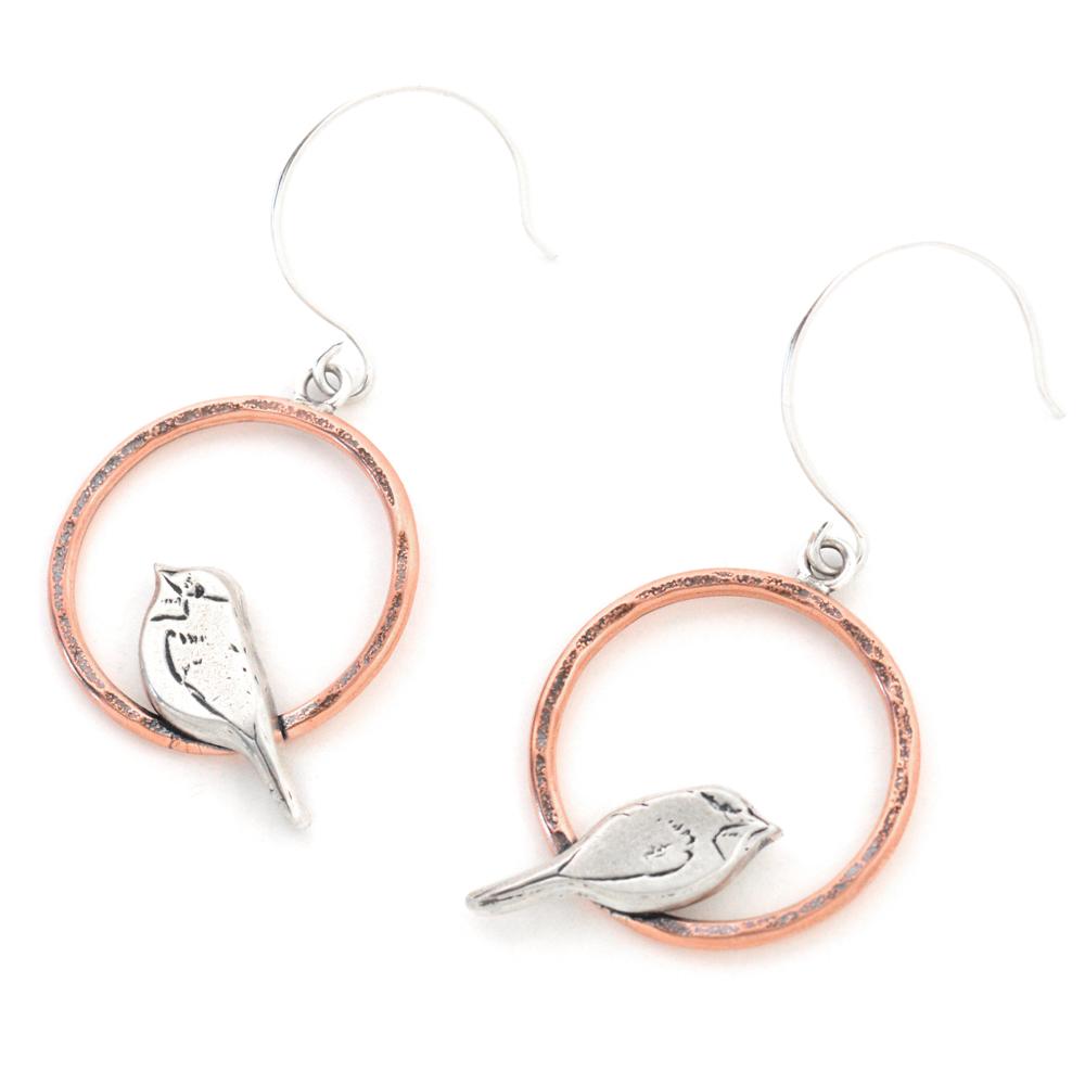Copper Perched Chickadee Earrings - Mixed Metal Earrings   3404 - handmade by Beth Millner Jewelry