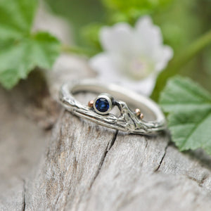 Silver Sapphire and Roses Twig Ring - Wedding Ring  Blue Sapphire  Teal Montana Sapphire 3887 - handmade by Beth Millner Jewelry
