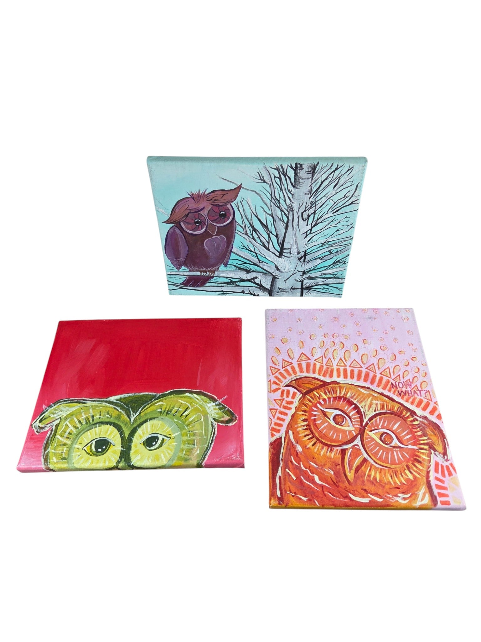 Owls on Canvas 2010 Paintings by Beth Millner - Artisan Goods Fire Owl (Now What) Winter Birch 15Paintings-1 - handmade by Beth Millner Jewelry