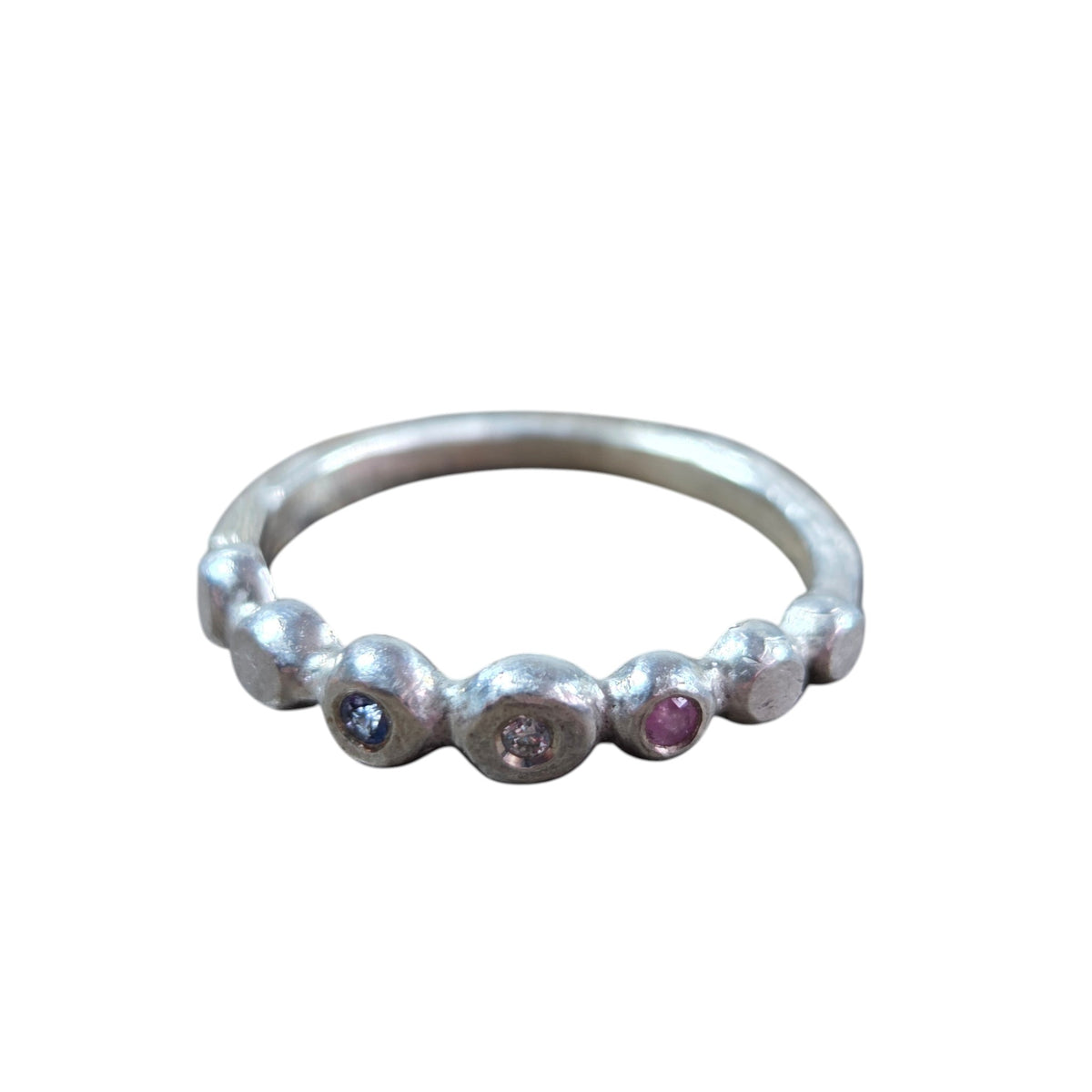 Silver Three Stone Pebble Ring Size 8.5 - Wedding Ring   9207 - handmade by Beth Millner Jewelry