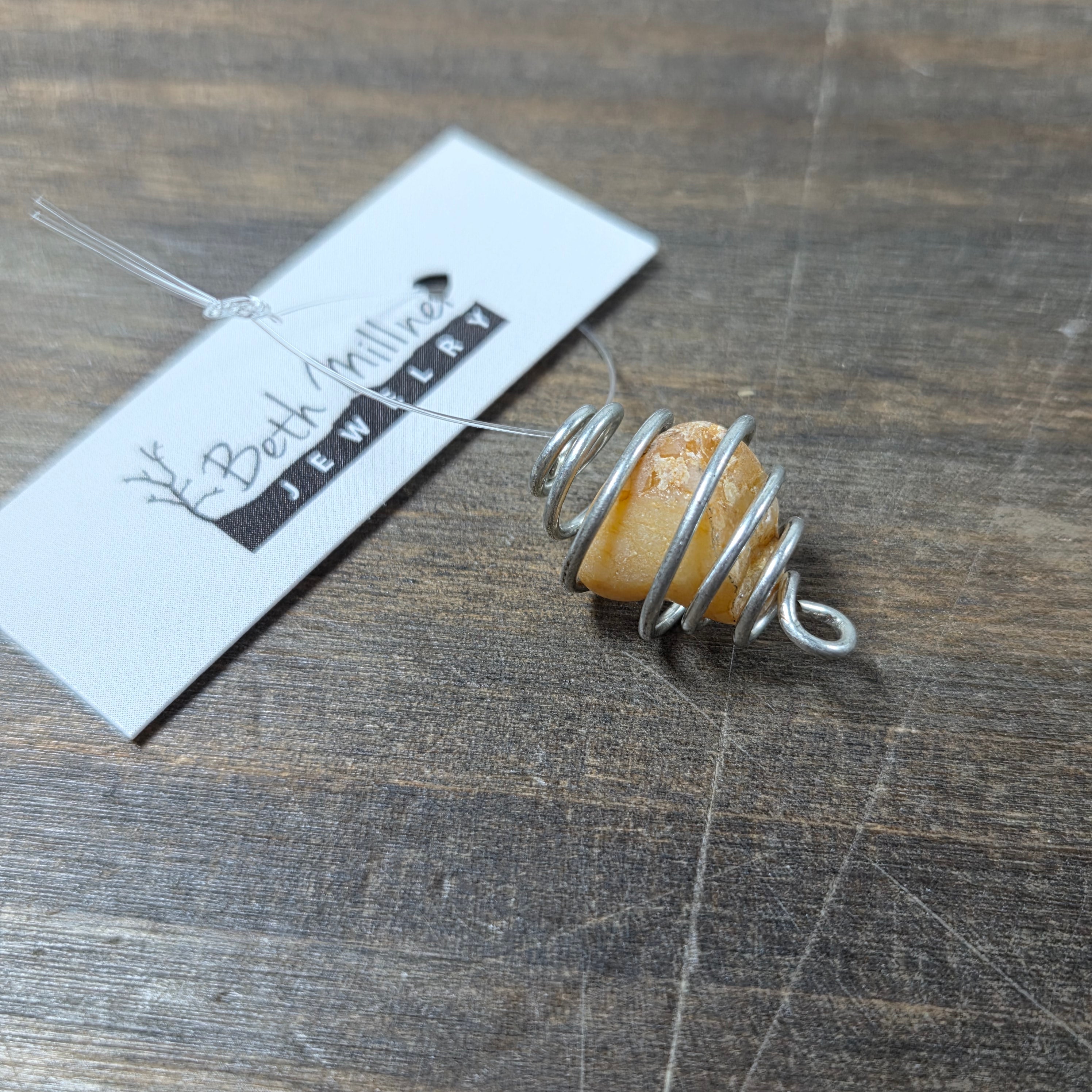 Wire Wrapped Beige Rock Pendant - Silver Pendant   B4 - handmade by Beth Millner Jewelry