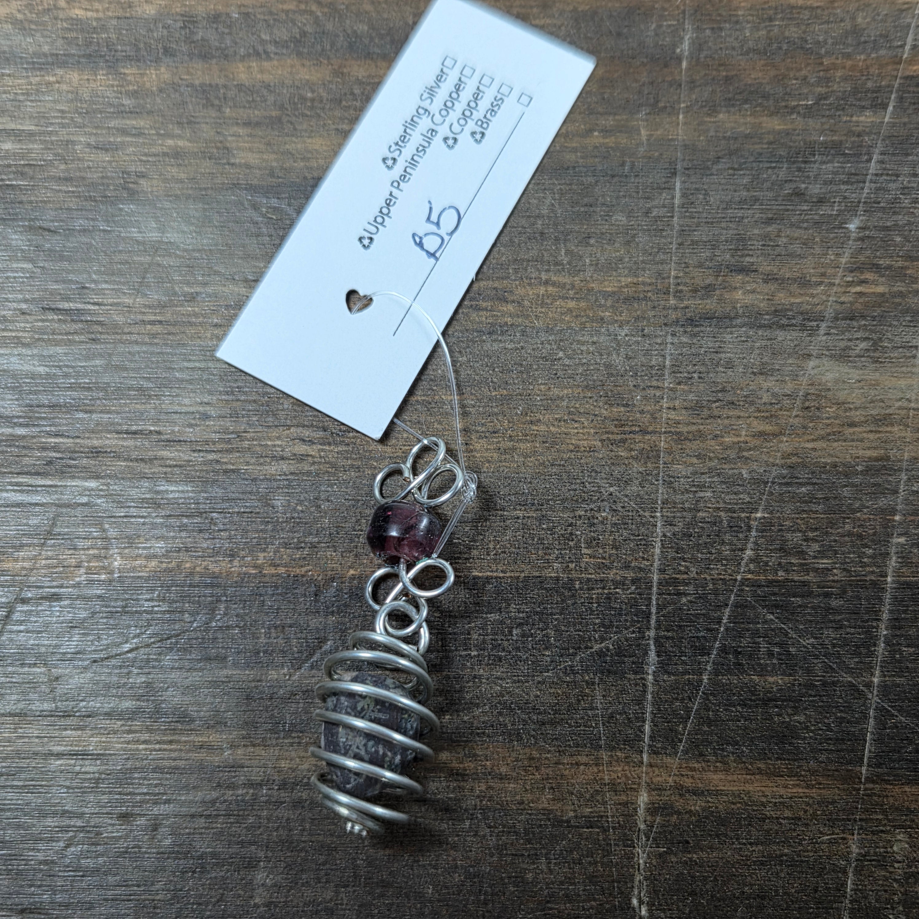 Wire Wrapped Gray Rock with Red Bead Pendant - Silver Pendant   B5 - handmade by Beth Millner Jewelry