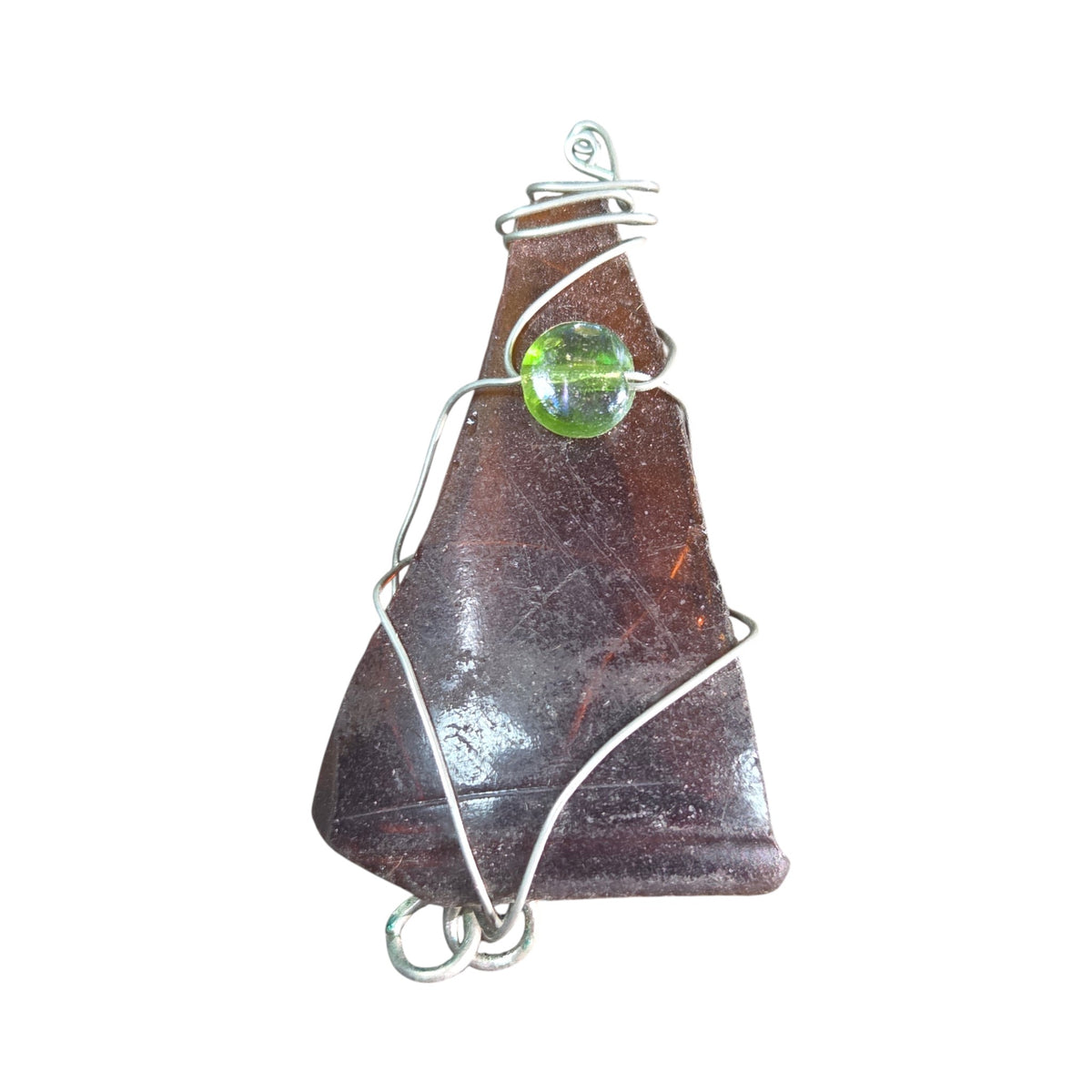 Copper Wire Wrapped Brown Glass Pendant - Silver Pendant   9607 - handmade by Beth Millner Jewelry