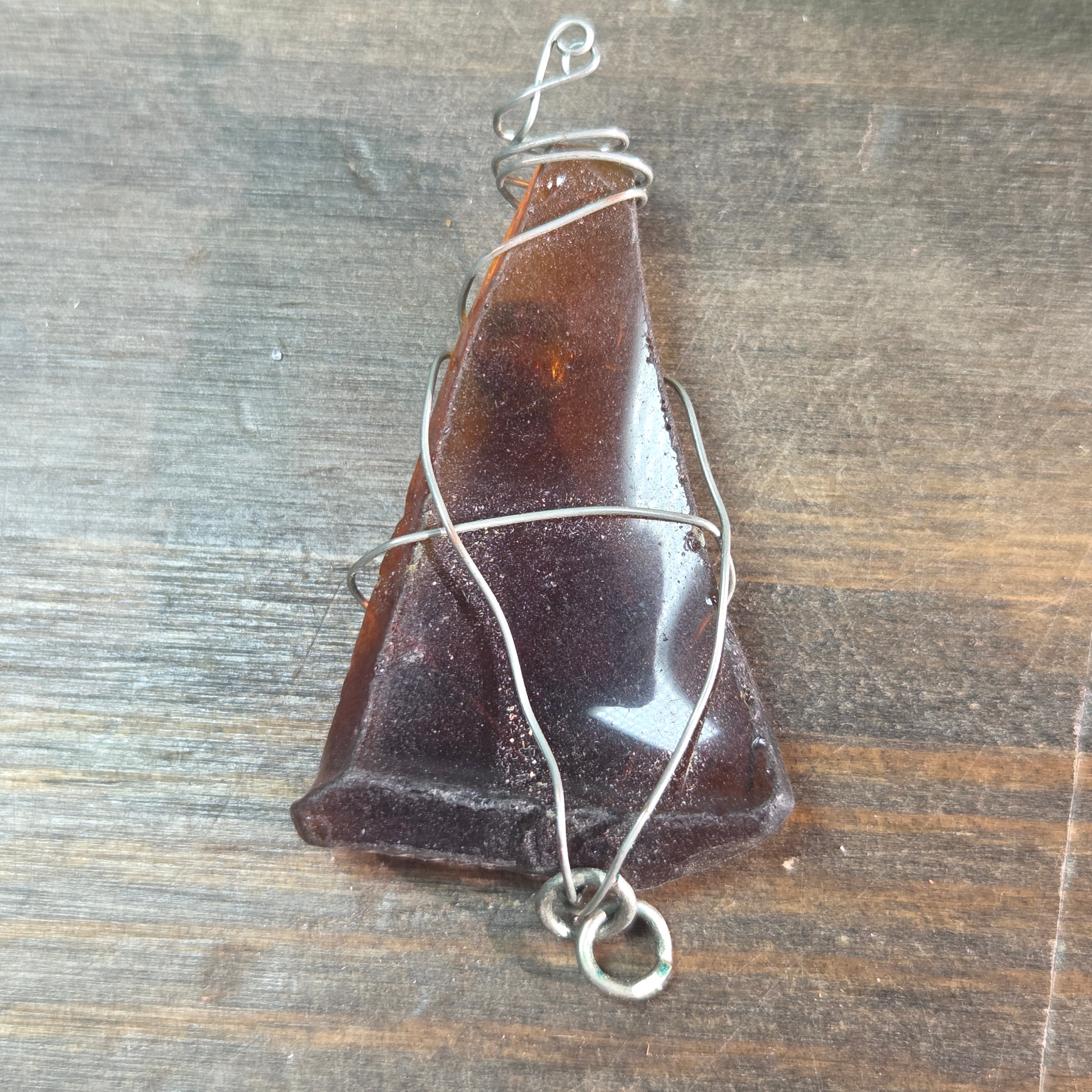 Copper Wire Wrapped Brown Glass Pendant - Silver Pendant   9607 - handmade by Beth Millner Jewelry