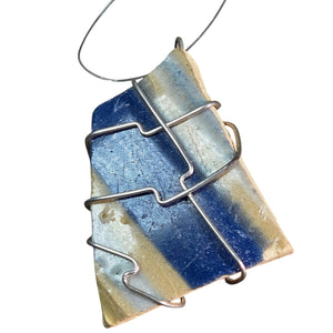 Blue Tan Ceramic Silver Wire Wrapped Pendant - Silver Pendant   9119 - handmade by Beth Millner Jewelry