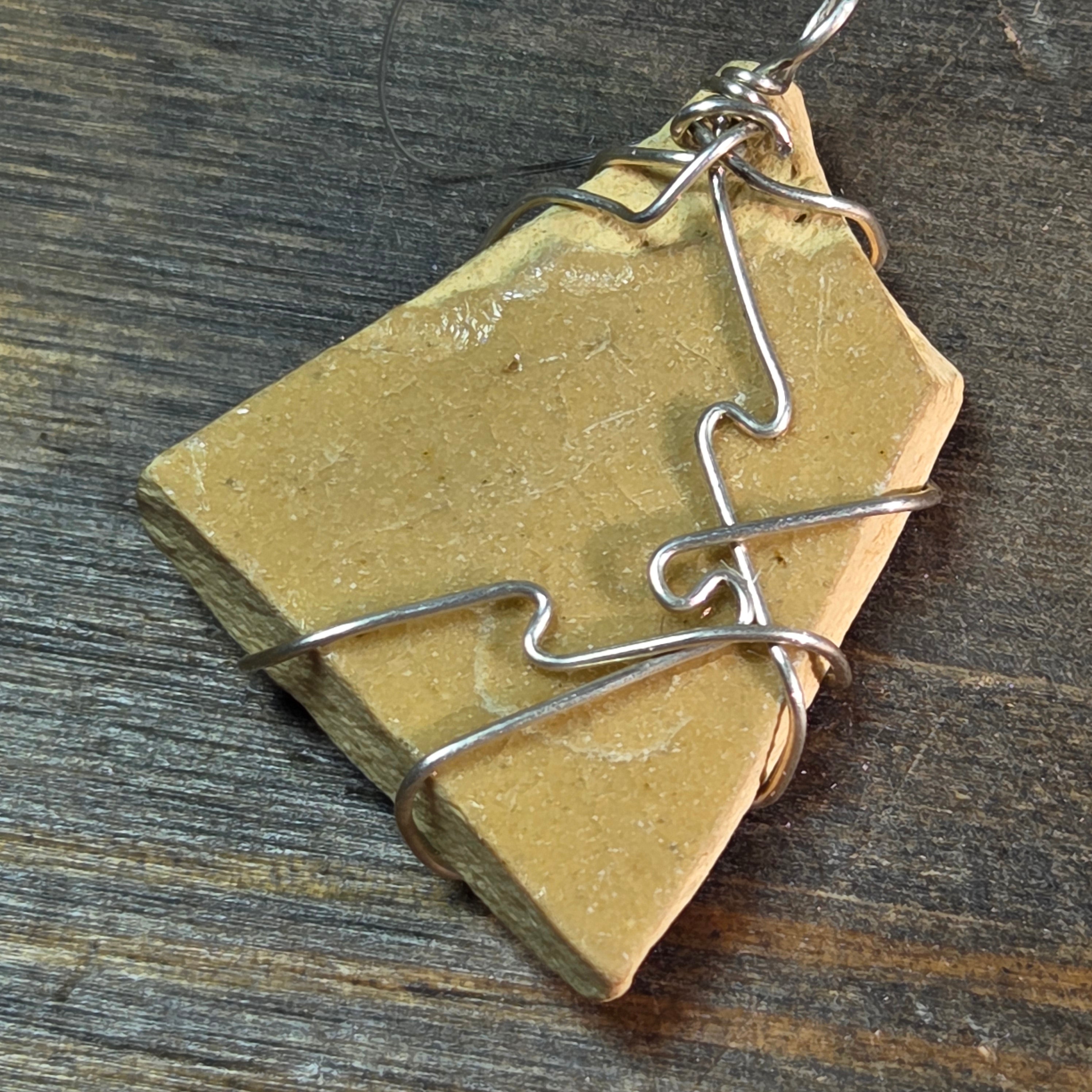 Blue Tan Ceramic Silver Wire Wrapped Pendant - Silver Pendant   9119 - handmade by Beth Millner Jewelry