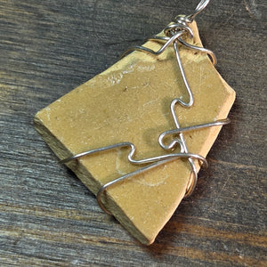Blue Tan Ceramic Silver Wire Wrapped Pendant - Silver Pendant   9119 - handmade by Beth Millner Jewelry