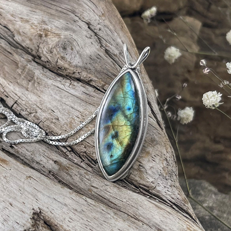 Reversible Marquise Northern Lights Labradorite Pendant No. 2 - Silver Pendant   7291 - handmade by Beth Millner Jewelry