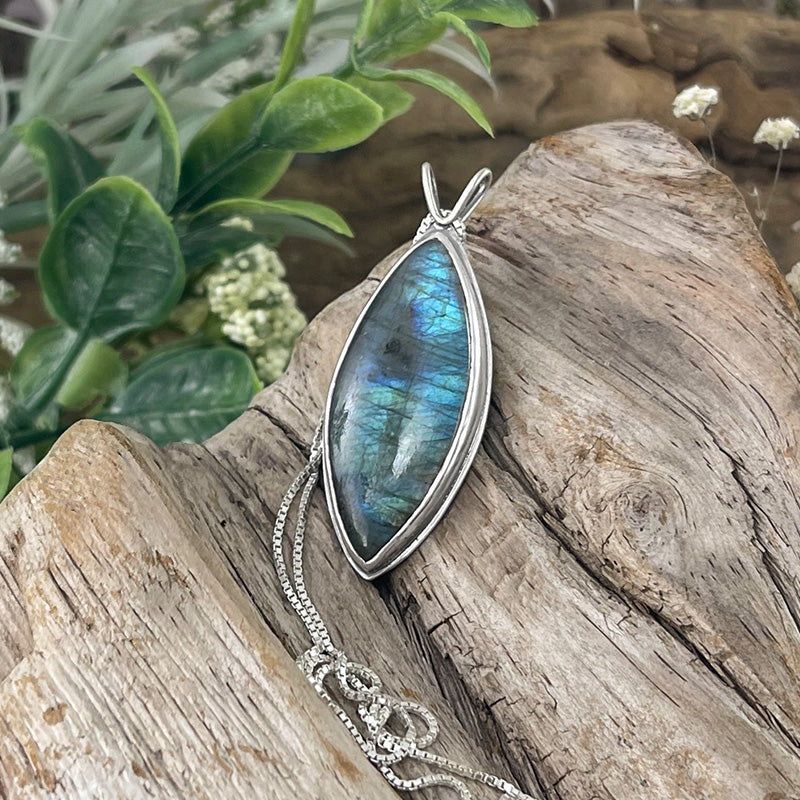 Reversible Marquise Northern Lights Labradorite Pendant No. 3 - Silver Pendant   7292 - handmade by Beth Millner Jewelry