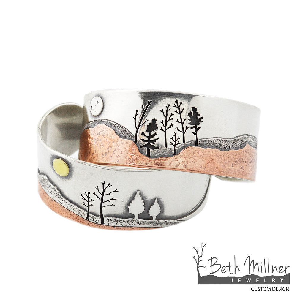 Custom Cuff Bracelets handcrafted at Beth Millner Jewelry in Recycled Sterling Silver, Copper and Brass made in Marquette, Michigan featuring scenes from Michigans Upper Peninsula