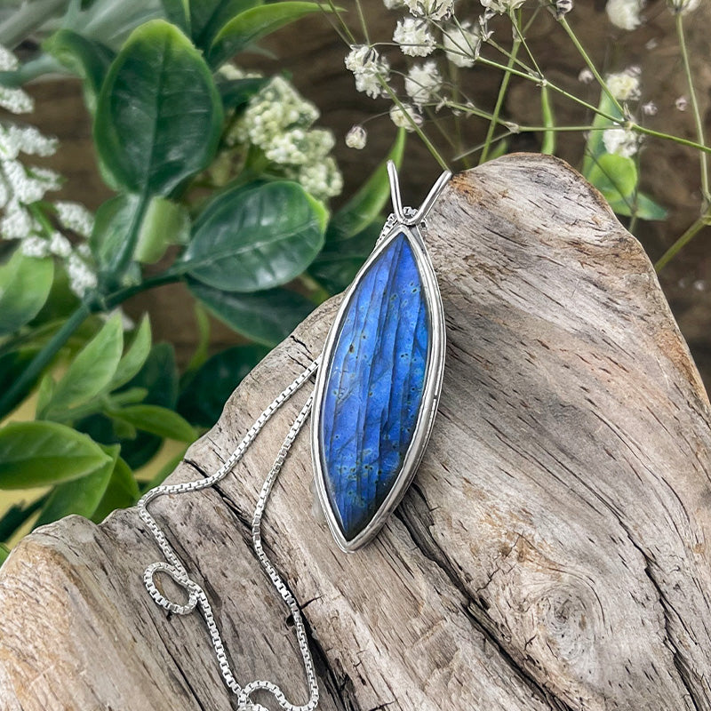 Reversible Marquise Northern Lights Labradorite Pendant No. 4 - Silver Pendant   7293 - handmade by Beth Millner Jewelry