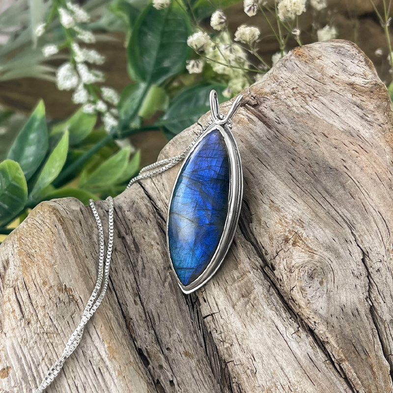 Reversible Marquise Northern Lights Labradorite Pendant No. 6 - Silver Pendant   7294 - handmade by Beth Millner Jewelry