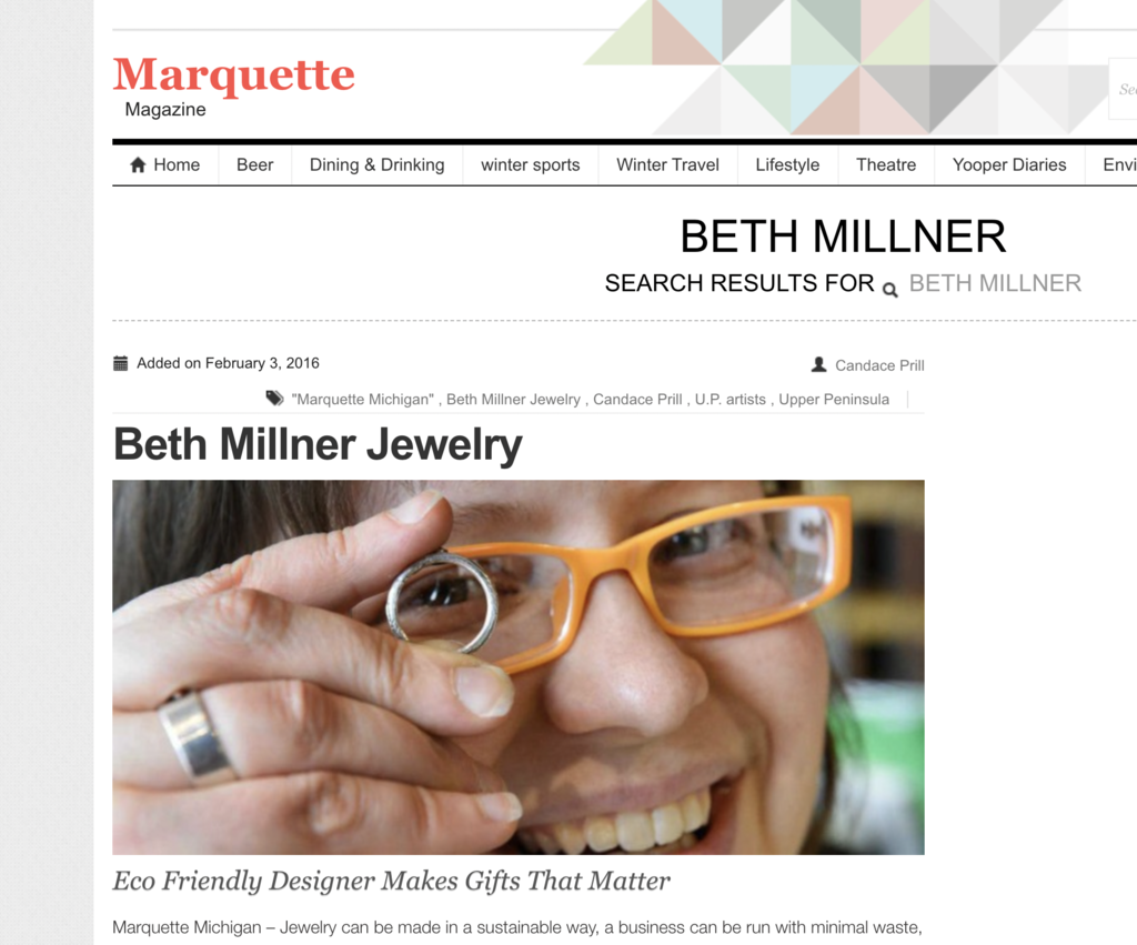 Beth Millner Jewelry featured in Marquette Magazine