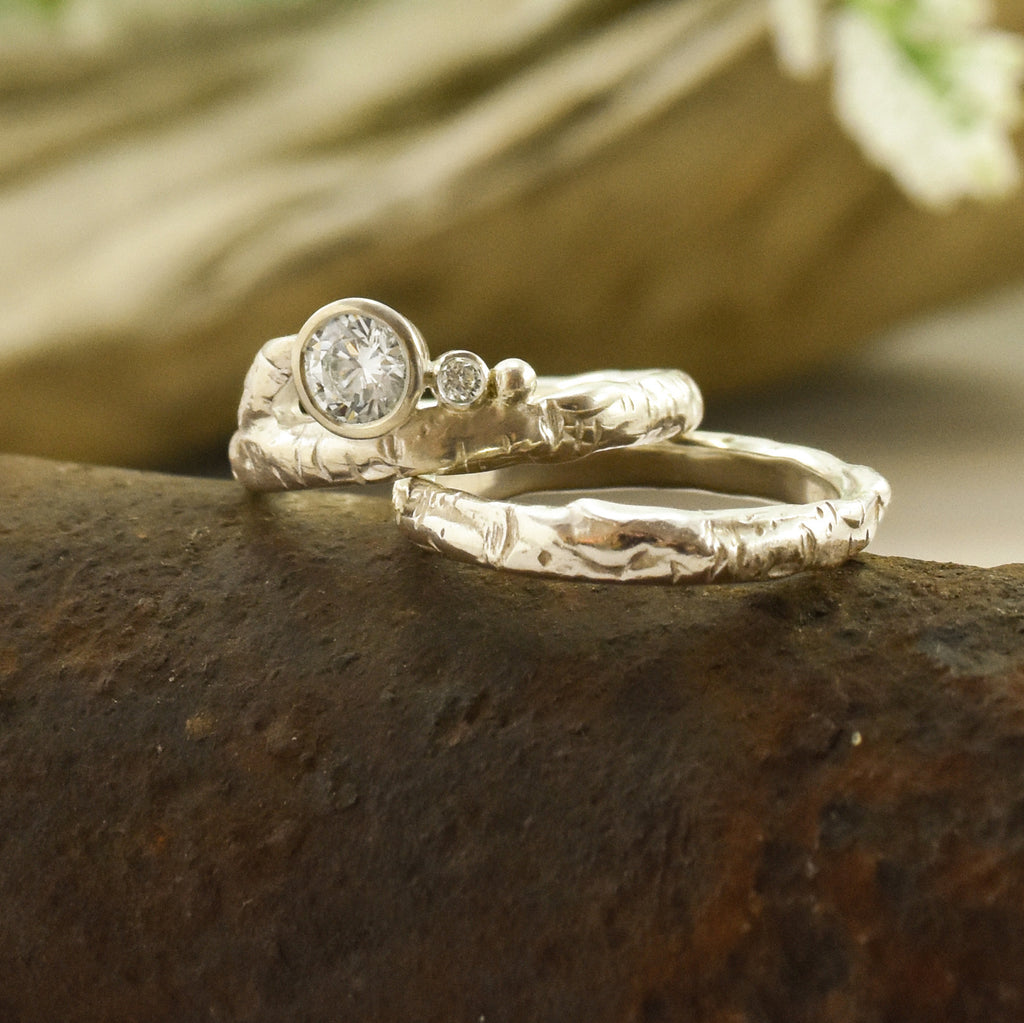 Diamond Birch engagement ring and birch wedding band handmade with palladium while gold by Beth Millner Jewelry