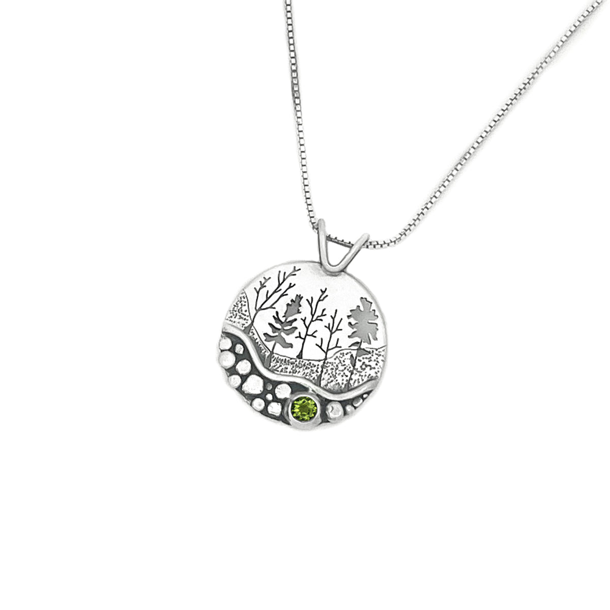 Silver Pebble Forest Birthstone Pendant - your choice of 4mm stone - Silver Pendant August - Arizona Peridot December - Sky Blue Topaz 7257 - handmade by Beth Millner Jewelry