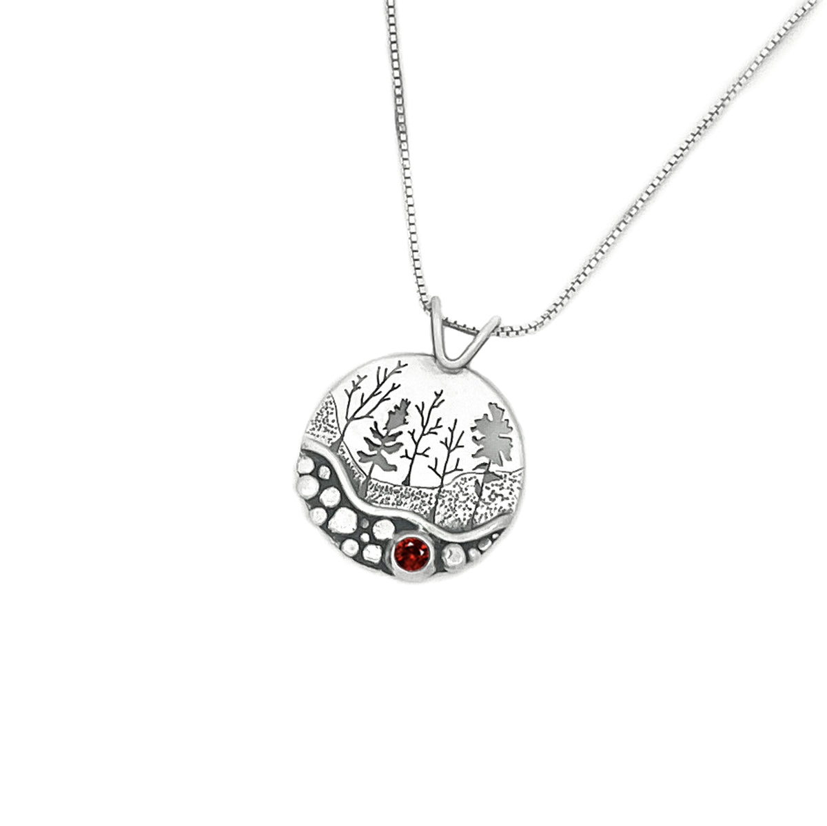 Silver Pebble Forest Birthstone Pendant - your choice of 4mm stone - Silver Pendant July - Lab Created Ruby January - Idaho Garnet 7256 - handmade by Beth Millner Jewelry