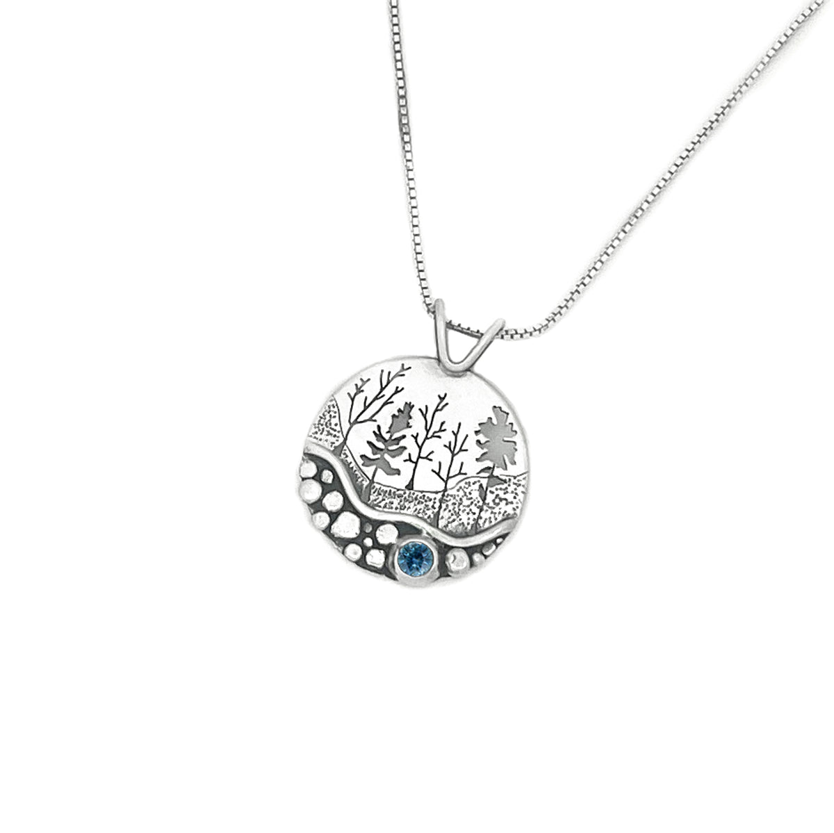 Silver Pebble Forest Birthstone Pendant - your choice of 4mm stone - Silver Pendant September - Montana Sapphire December - Sky Blue Topaz 7258 - handmade by Beth Millner Jewelry