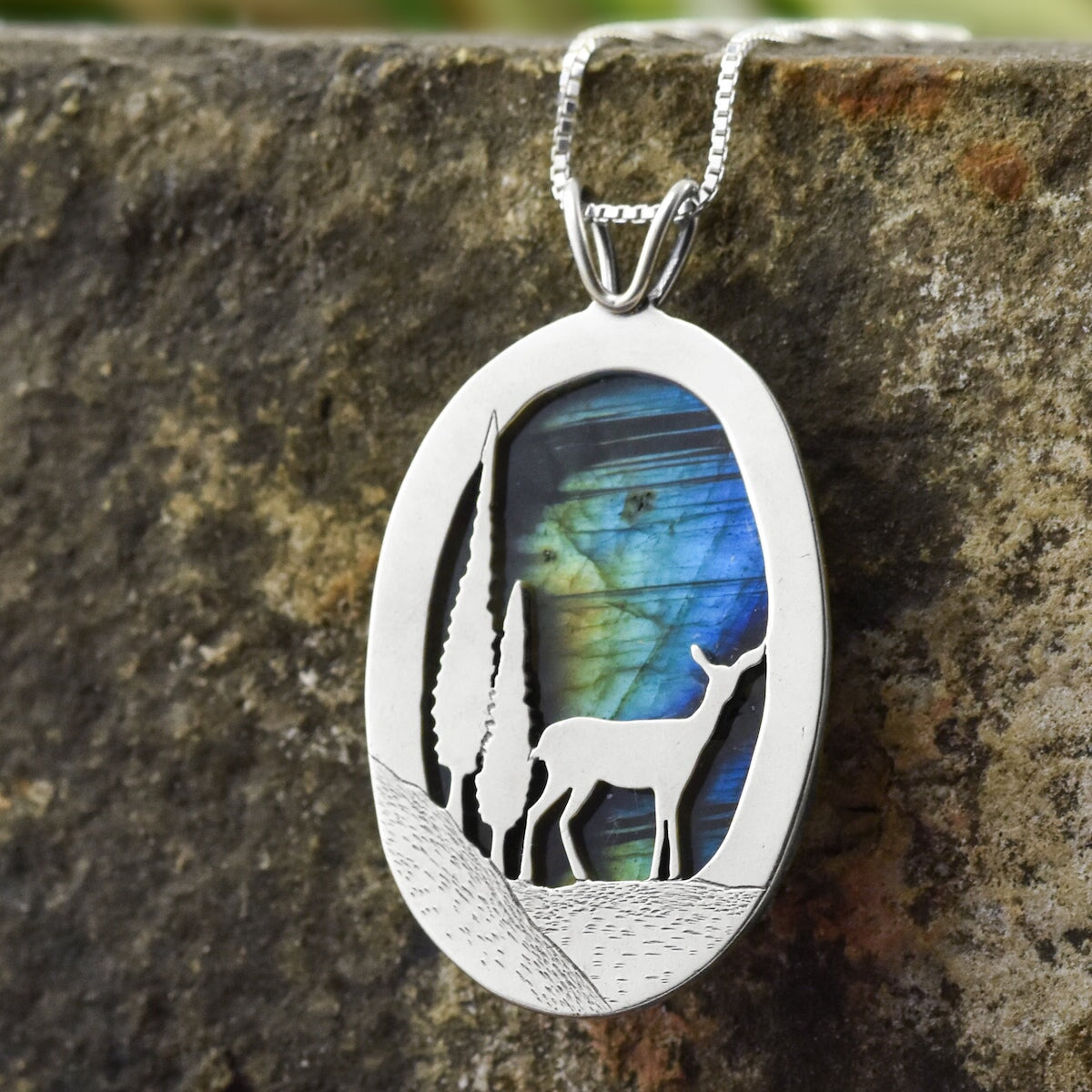 Choose Your Own Reversible Northern Lights Labradorite Deer Pendant - Silver Pendant Stone A - 34 x 19mm Stone B - 30 x 19mm 7113 - handmade by Beth Millner Jewelry