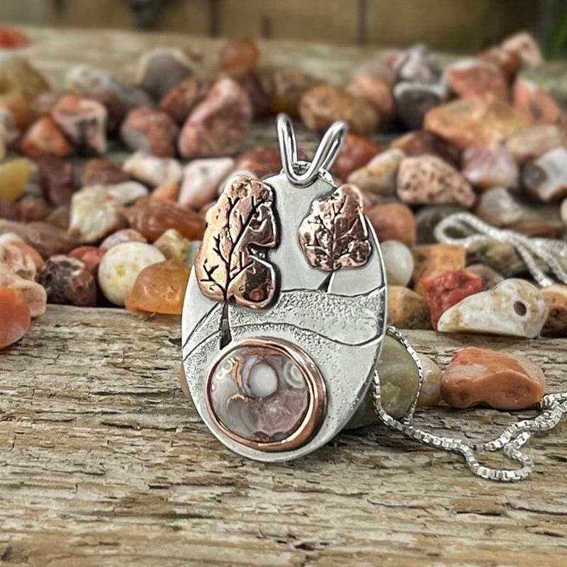 Copper Lake Superior Agate Wonderland Pendant No. 1 - Mixed Metal Pendant   7266 - handmade by Beth Millner Jewelry