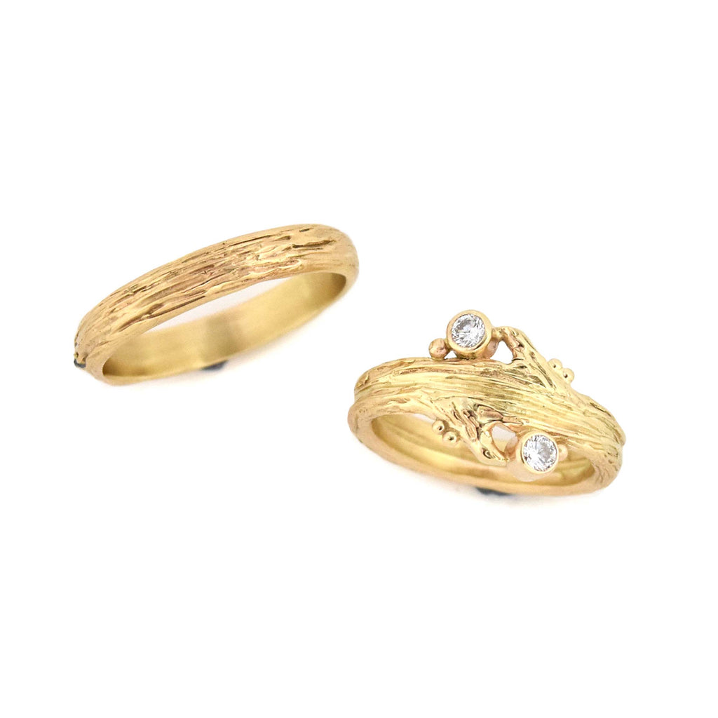 Custom Gold Twig Rings with recycled diamonds handmade in Marquette, MI