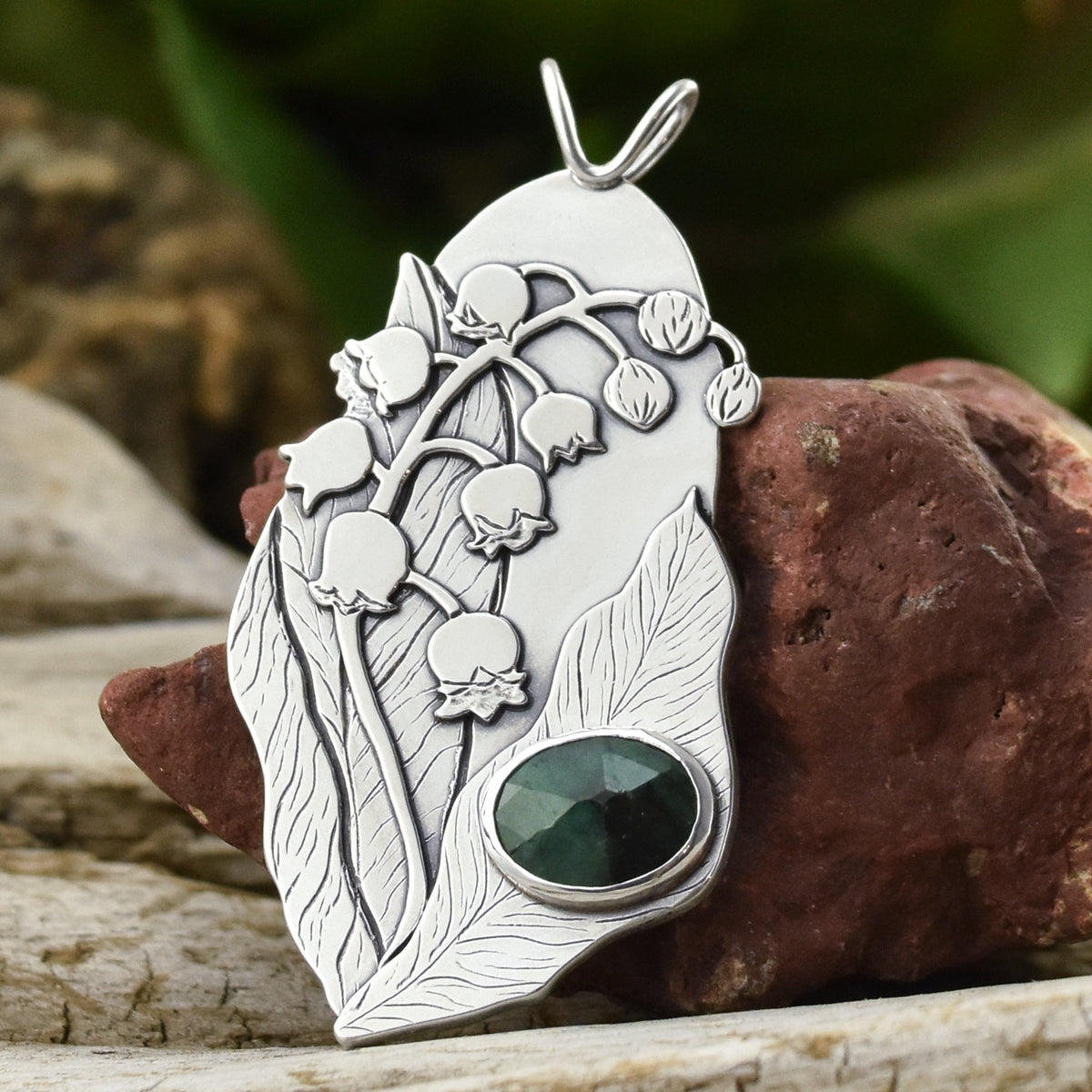 Emerald Lily of the Valley Wonderland Pendant No. 1 - Silver Pendant   6898 - handmade by Beth Millner Jewelry