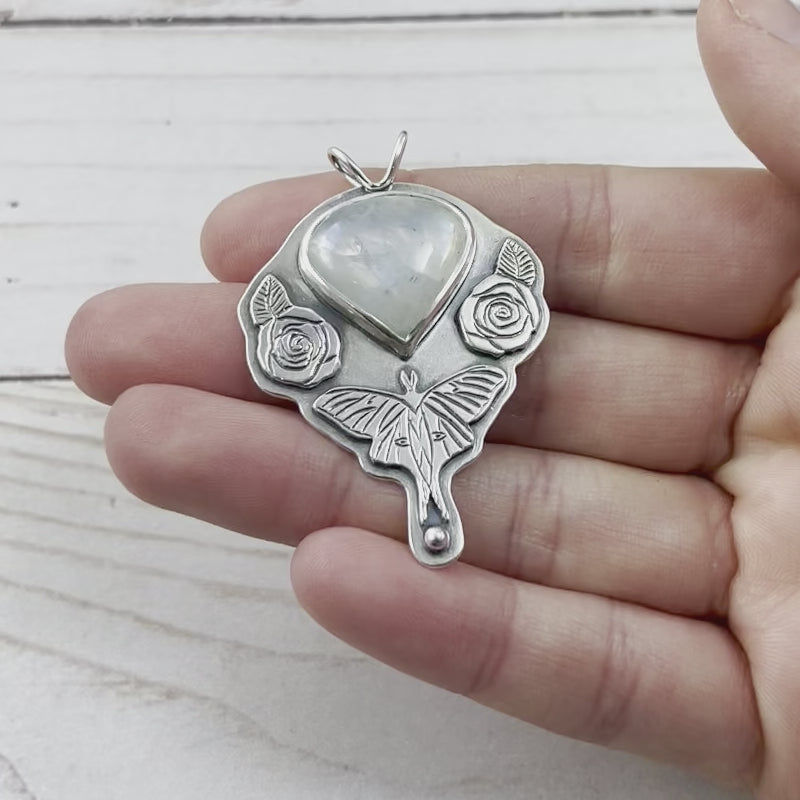 Moonstone Luna Moth Wonderland Pendant No. 2 - Silver Pendant   6943 - handmade by Beth Millner Jewelry