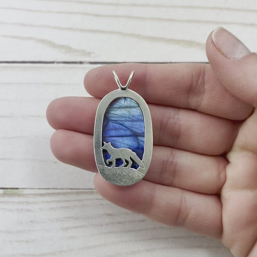 Reversible Northern Lights Labradorite Fox Pendant No. 1 - Silver Pendant   7110 - handmade by Beth Millner Jewelry