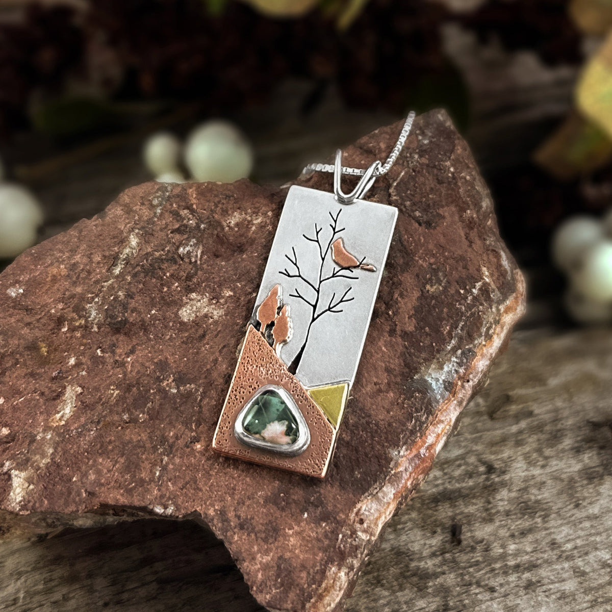 Reversible Cardinal Greenstone Boreal Forest Wonderland Pendant - Mixed Metal Pendant   7208 - handmade by Beth Millner Jewelry