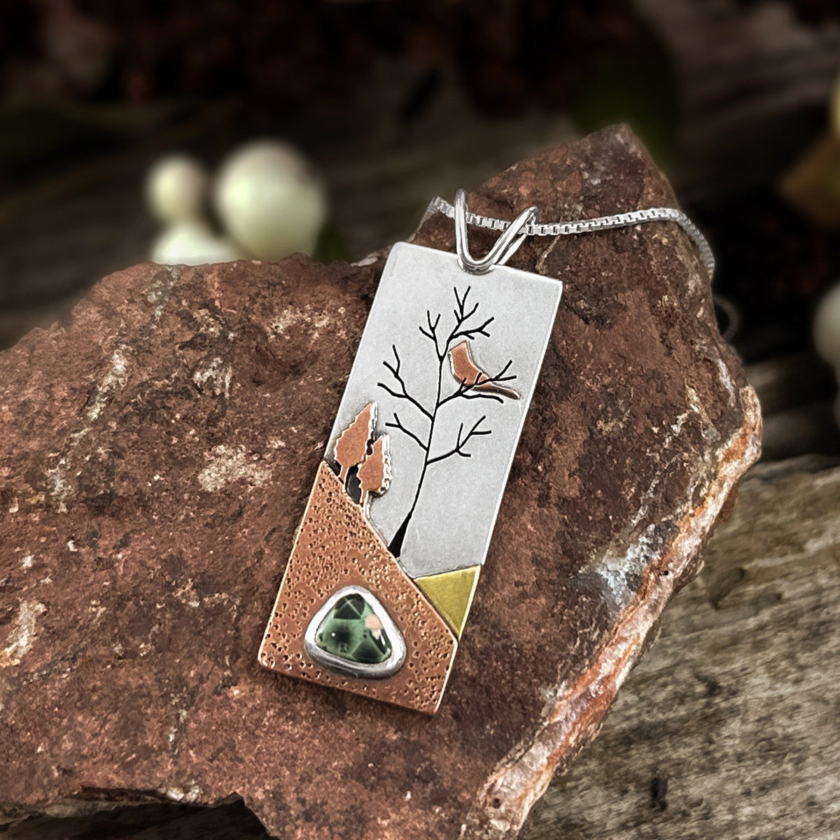 Reversible Cardinal Greenstone Boreal Forest Wonderland Pendant No. 1 - Mixed Metal Pendant   7209 - handmade by Beth Millner Jewelry