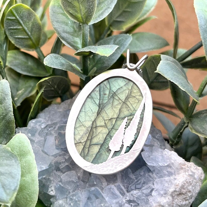 Reversible Two Trees Northern Lights Labradorite Pendant No. 4 - Silver Pendant   7236 - handmade by Beth Millner Jewelry