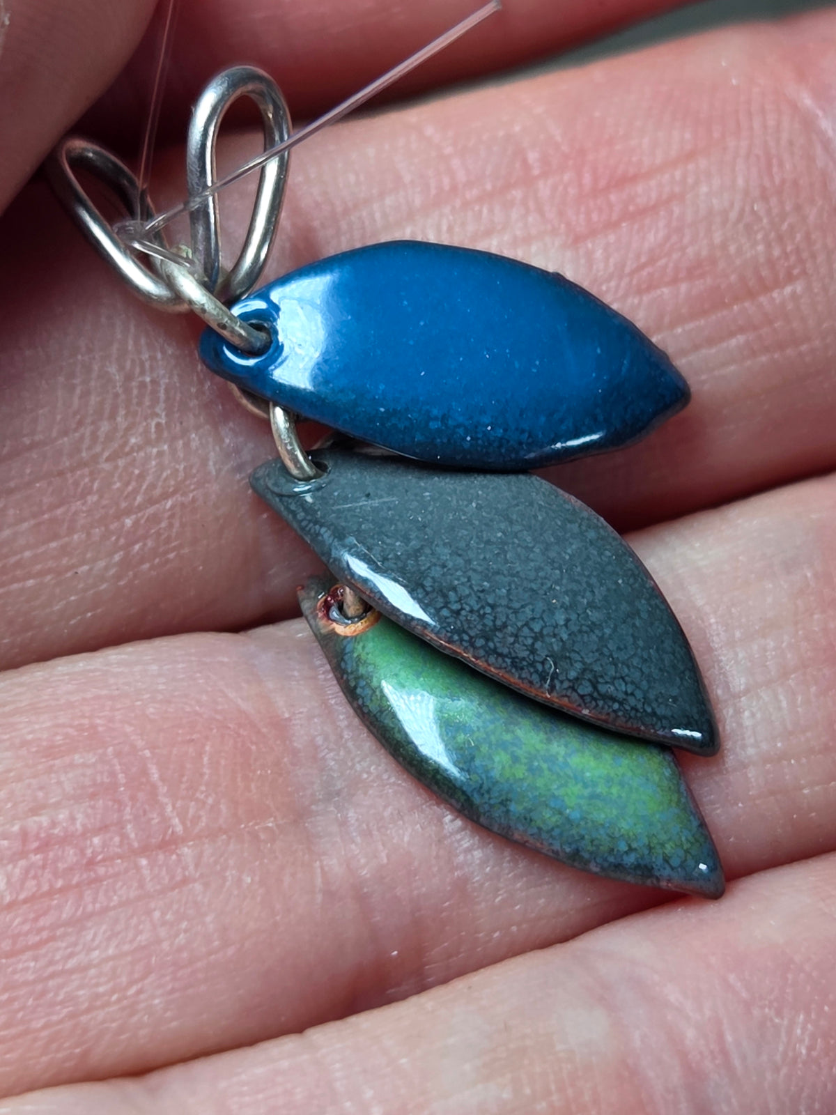 Fantasy Leaves Enameled Grey Green and Blue Pendant - Enamel Pendant   0793 - handmade by Beth Millner Jewelry