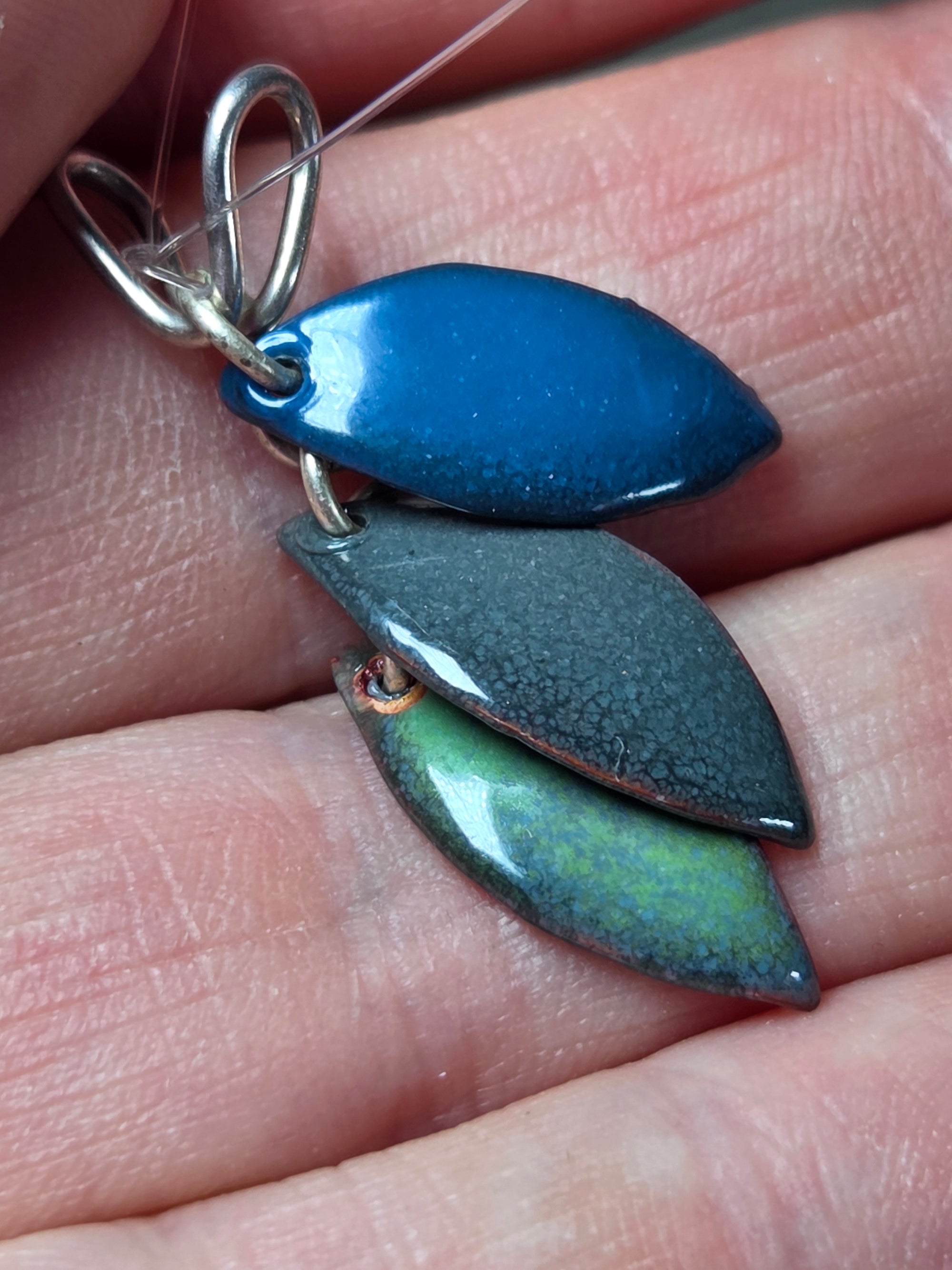 Fantasy Leaves Enameled Grey Green and Blue Pendant - Enamel Pendant   0793 - handmade by Beth Millner Jewelry