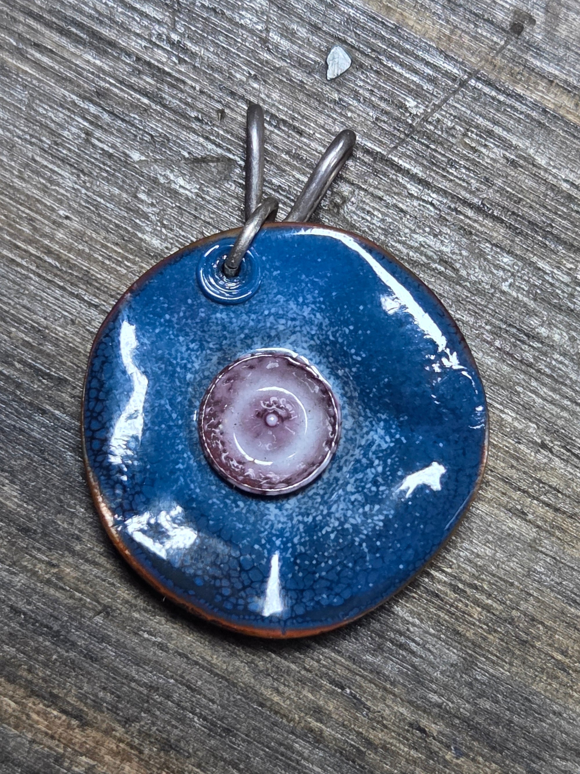 Blue Enamel Lilly Pad Flower Pendant - Enamel Pendant   0443 - handmade by Beth Millner Jewelry