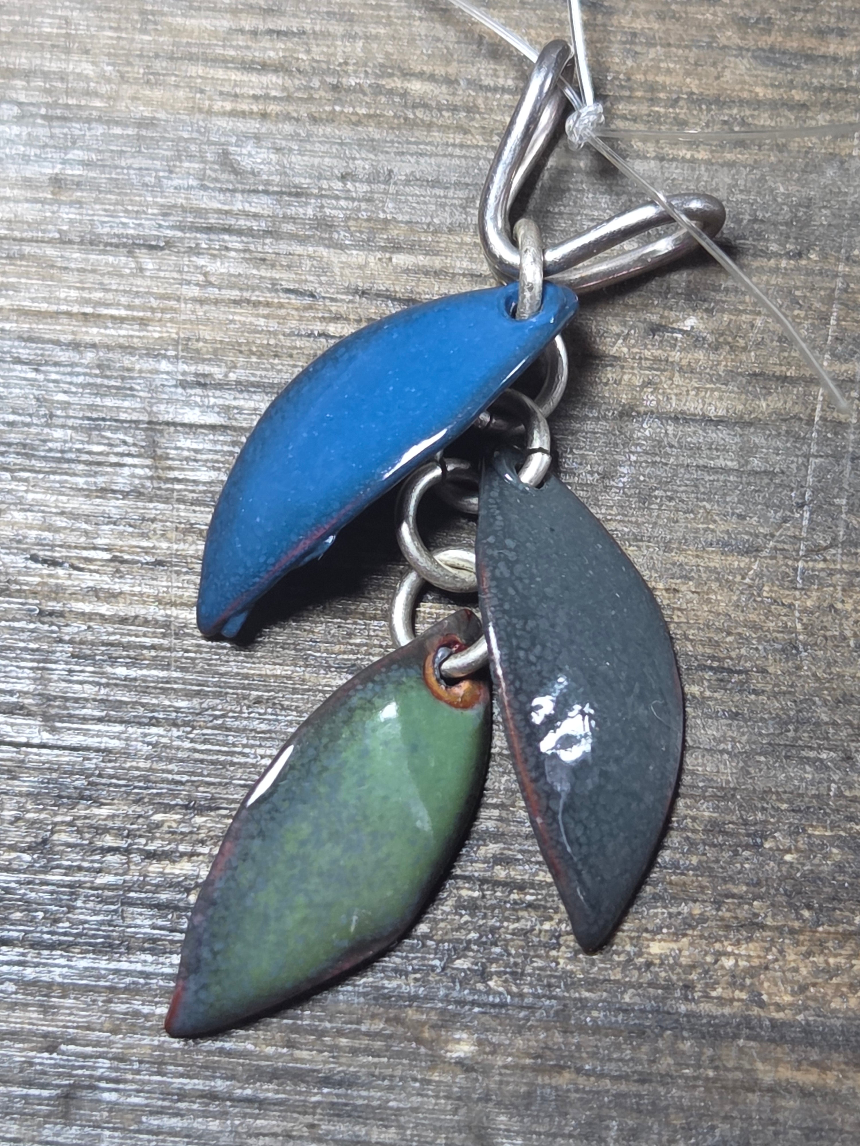 Fantasy Leaves Enameled Grey Green and Blue Pendant - Enamel Pendant   0793 - handmade by Beth Millner Jewelry