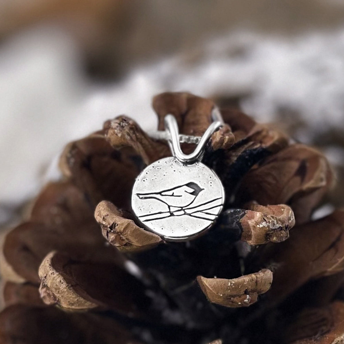 Small Perched Chickadee Pendant - Silver Pendant   7160 - handmade by Beth Millner Jewelry