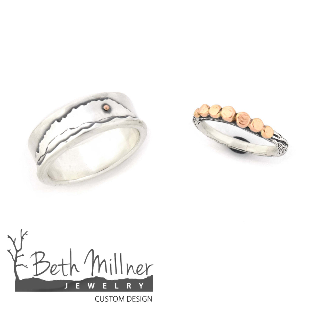 Custom Sterling silver and Rose Gold wedding band set handmade in Marquette, MI