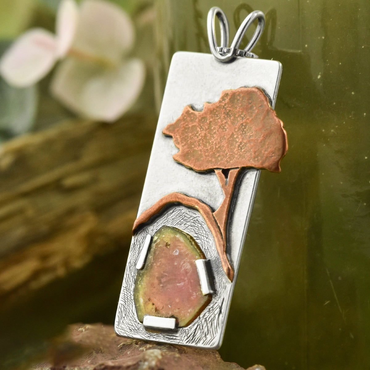 Watermelon Tourmaline Tree Pendant - Choose Your Own Stone - Mixed Metal Pendant A - 14 x 11mm - Small Imperfections on Stone Face B - 10 x 10mm 7135 - handmade by Beth Millner Jewelry