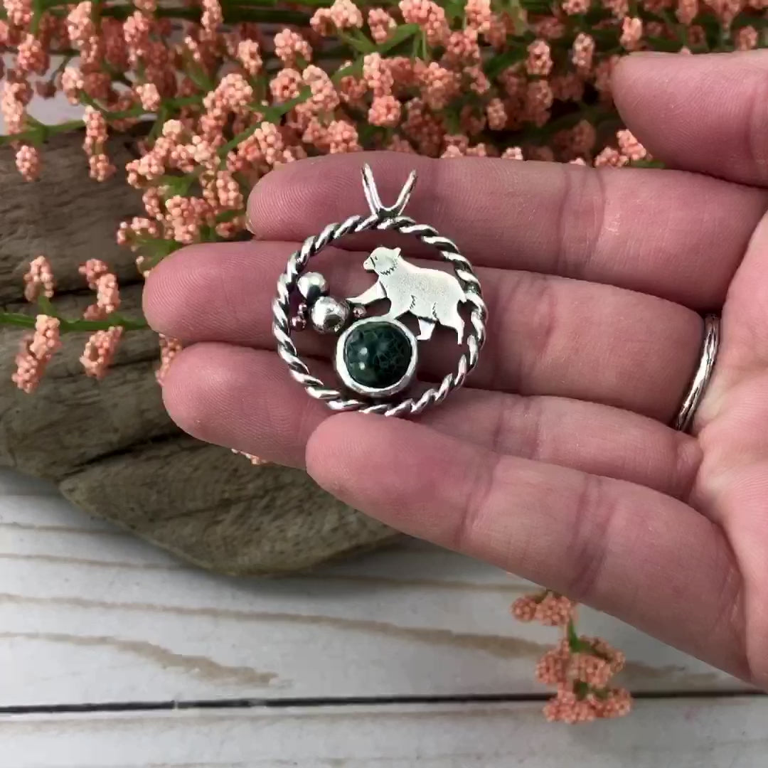 Hiking Bear Greenstone Wonderland mixed metal pendant handmade by Beth Millner Jewelry