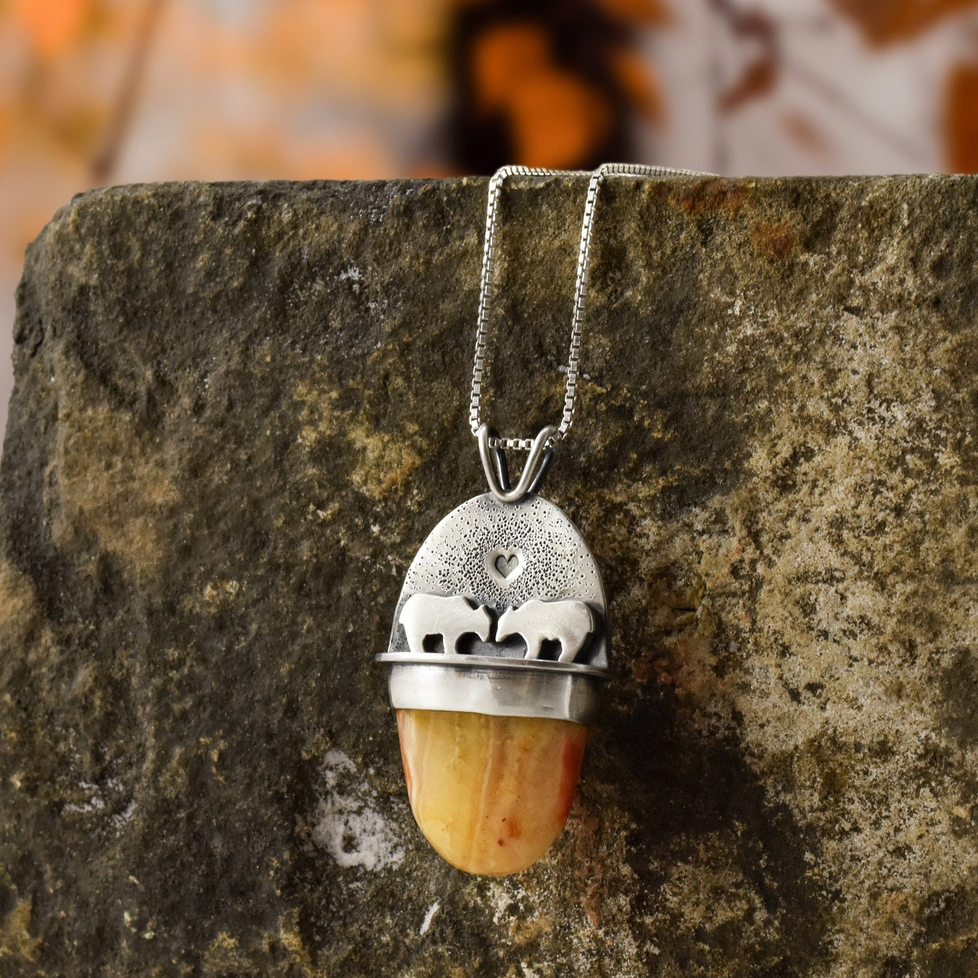 Bear Couple Wonderland Pendant with Marquette Lake Superior Agate - Silver Pendant   6615 - handmade by Beth Millner Jewelry
